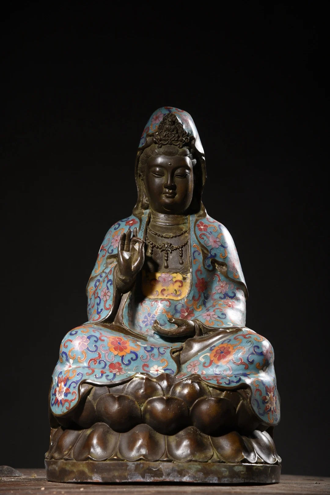 16"Tibetan Temple Collection Old Bronze Cloisonne Enamel Guanyin Bodhisattva Sitting Buddha Worship Hall Town house Exorcism