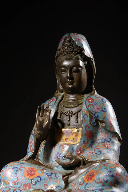 16"Tibetan Temple Collection Old Bronze Cloisonne Enamel Guanyin Bodhisattva Sitting Buddha Worship Hall Town house Exorcism