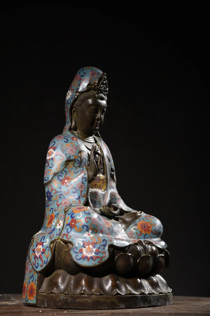 16"Tibetan Temple Collection Old Bronze Cloisonne Enamel Guanyin Bodhisattva Sitting Buddha Worship Hall Town house Exorcism