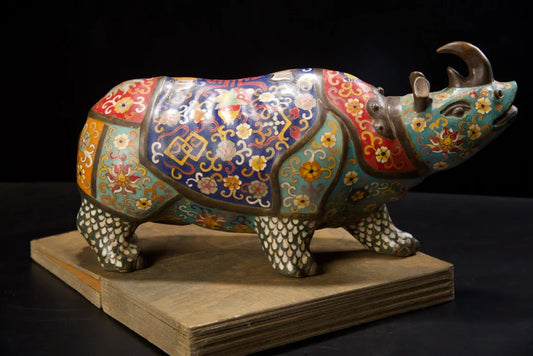 16"Tibetan Temple Collection Old Bronze Cloisonne Enamel Longevity Flower Texture Rhinoceros Statue Amass wealth Ornaments