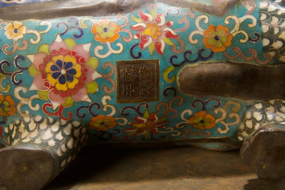 16"Tibetan Temple Collection Old Bronze Cloisonne Enamel Longevity Flower Texture Rhinoceros Statue Amass wealth Ornaments