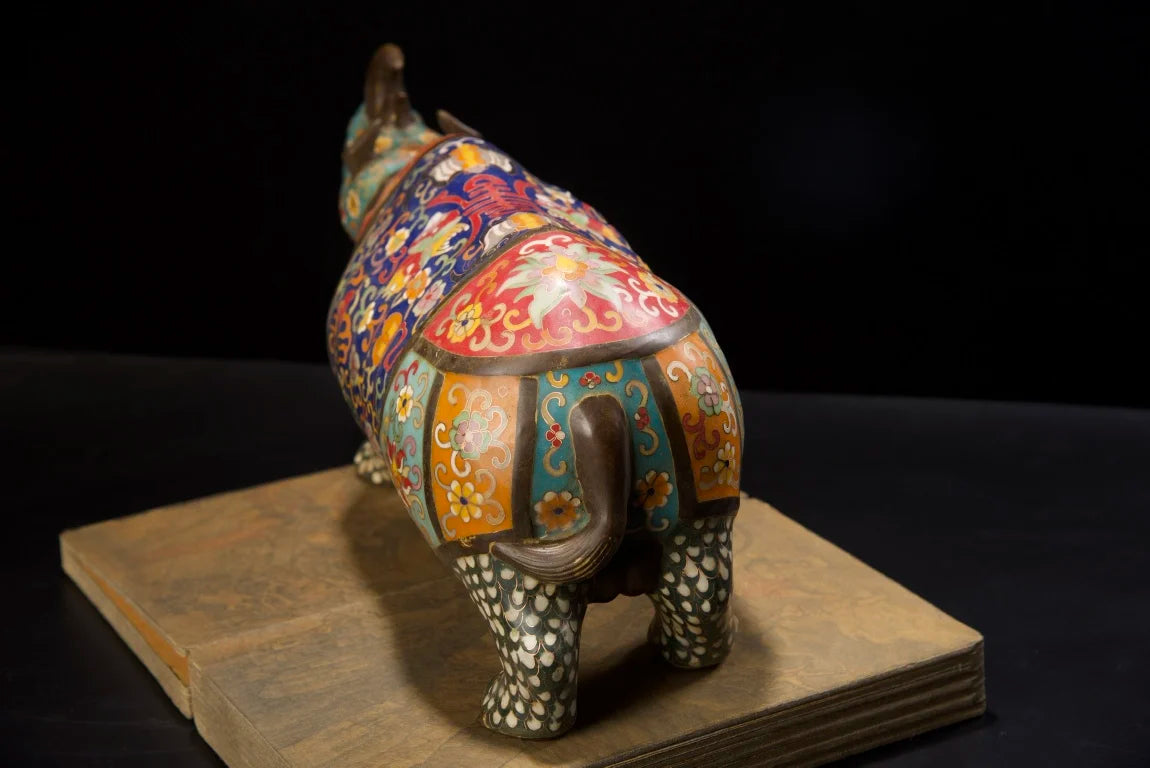 16"Tibetan Temple Collection Old Bronze Cloisonne Enamel Longevity Flower Texture Rhinoceros Statue Amass wealth Ornaments
