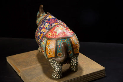16"Tibetan Temple Collection Old Bronze Cloisonne Enamel Longevity Flower Texture Rhinoceros Statue Amass wealth Ornaments