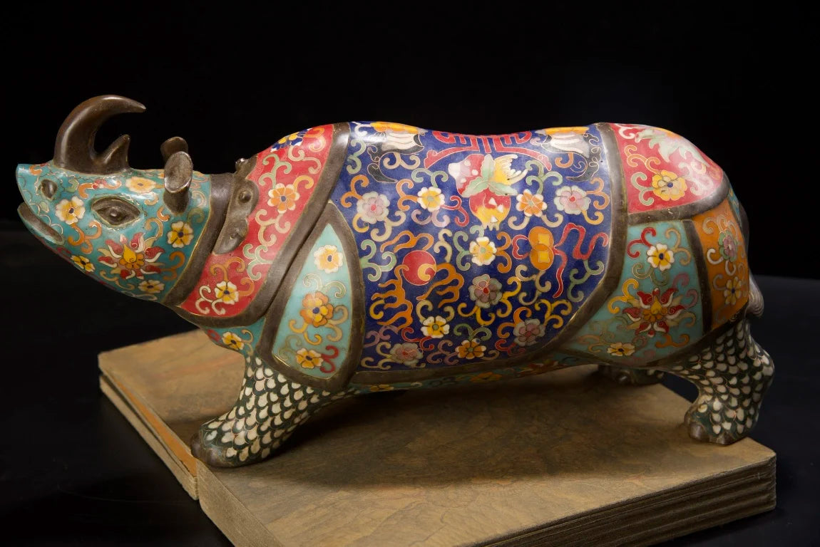 16"Tibetan Temple Collection Old Bronze Cloisonne Enamel Longevity Flower Texture Rhinoceros Statue Amass wealth Ornaments