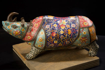 16"Tibetan Temple Collection Old Bronze Cloisonne Enamel Longevity Flower Texture Rhinoceros Statue Amass wealth Ornaments