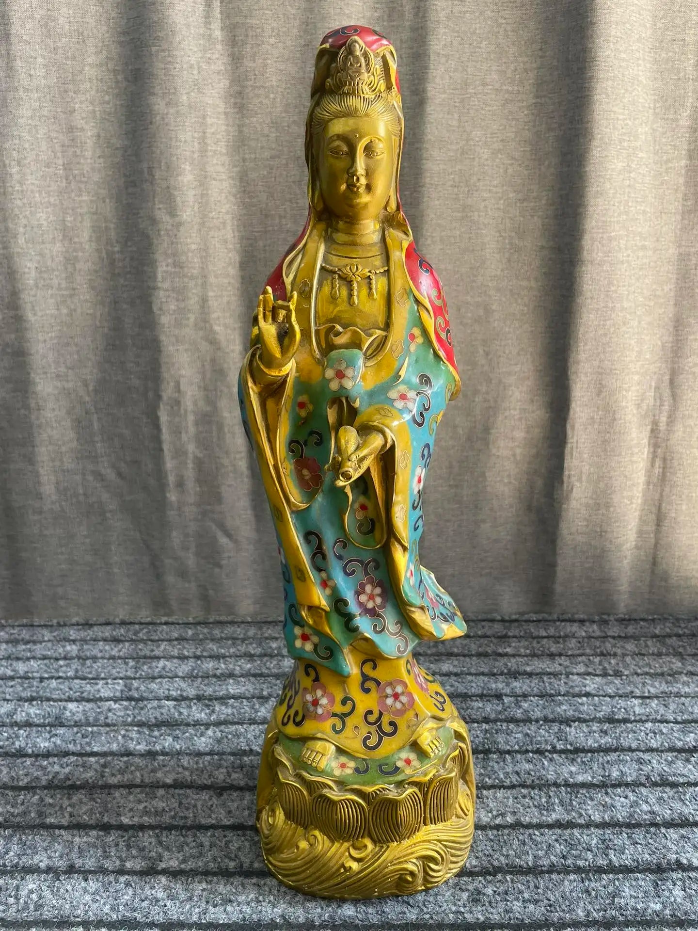16"Tibetan Temple Collection Old Bronze Cloisonne Enamel Nanhai Guanyin Bodhisattva Station Buddha Lotus Platform Worship Hall