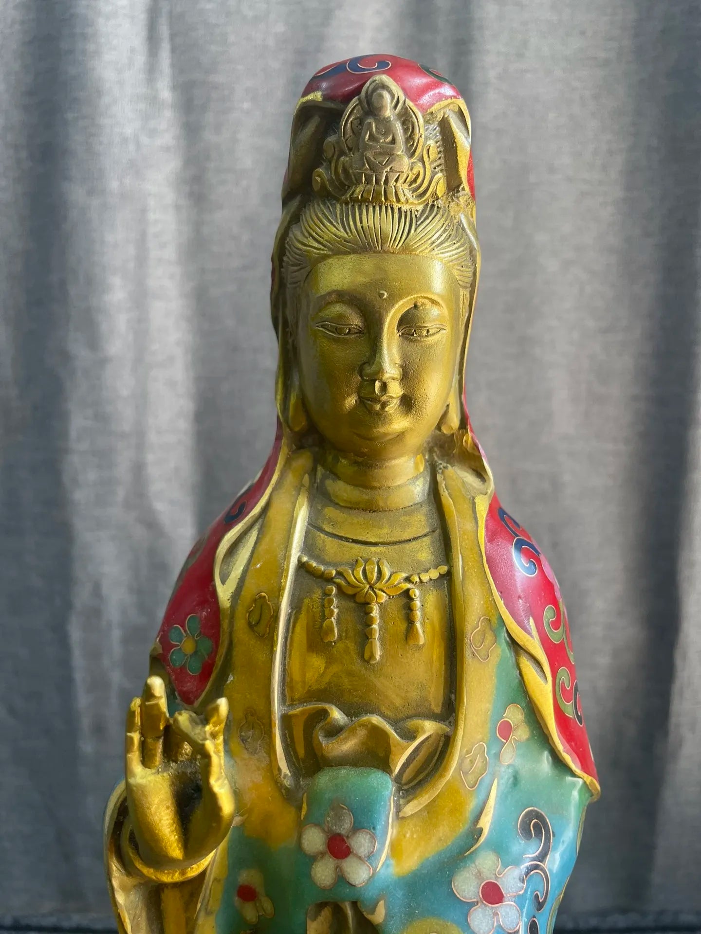 16"Tibetan Temple Collection Old Bronze Cloisonne Enamel Nanhai Guanyin Bodhisattva Station Buddha Lotus Platform Worship Hall