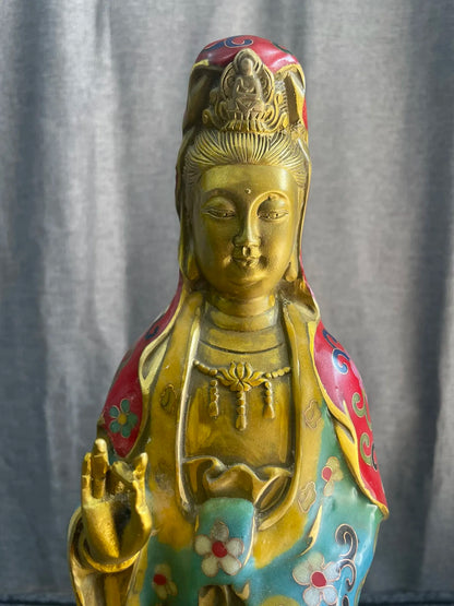 16"Tibetan Temple Collection Old Bronze Cloisonne Enamel Nanhai Guanyin Bodhisattva Station Buddha Lotus Platform Worship Hall
