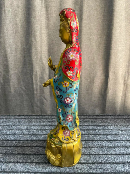 16"Tibetan Temple Collection Old Bronze Cloisonne Enamel Nanhai Guanyin Bodhisattva Station Buddha Lotus Platform Worship Hall