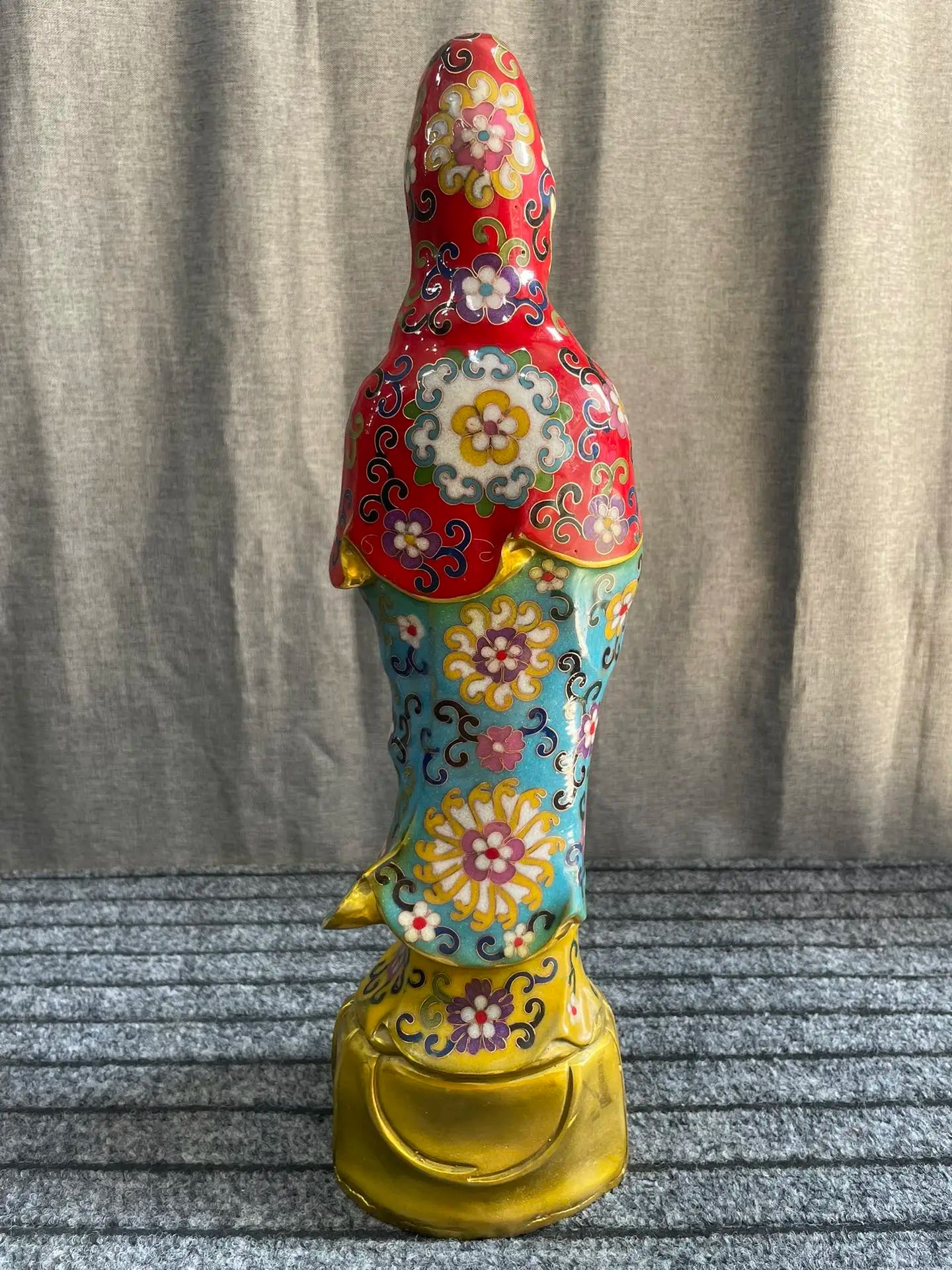 16"Tibetan Temple Collection Old Bronze Cloisonne Enamel Nanhai Guanyin Bodhisattva Station Buddha Lotus Platform Worship Hall
