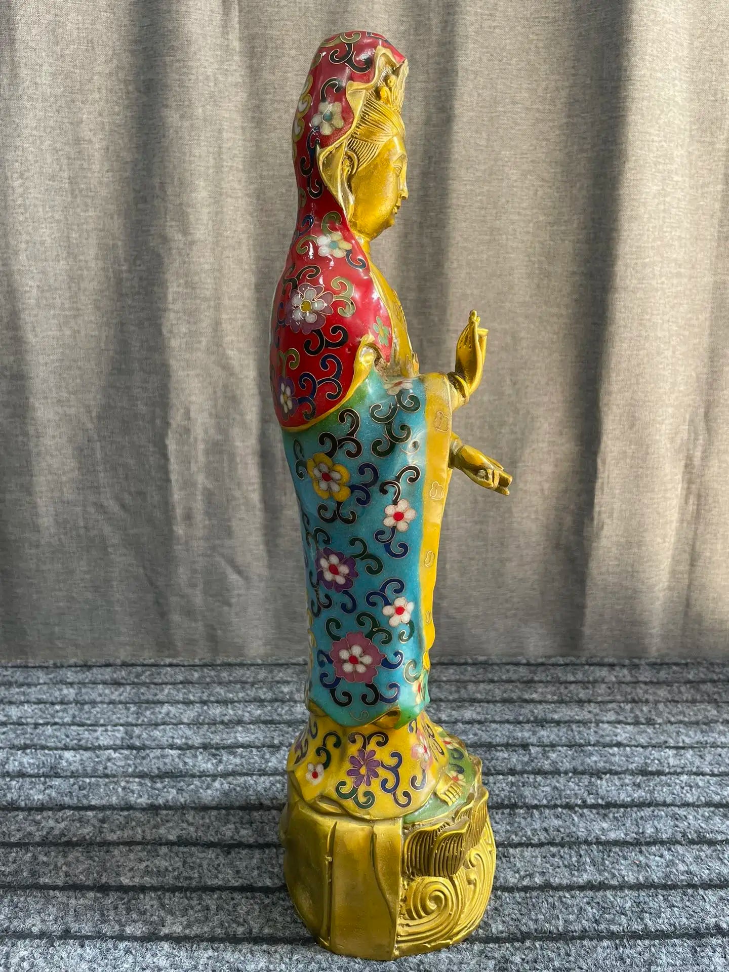 16"Tibetan Temple Collection Old Bronze Cloisonne Enamel Nanhai Guanyin Bodhisattva Station Buddha Lotus Platform Worship Hall