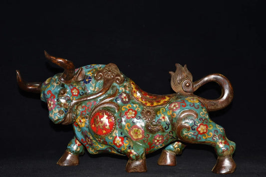 16"Tibetan Temple Collection Old Bronze Cloisonne Enamel Zodiac Ox Statue Bullfighting struggle cow Gather fortune Ornament