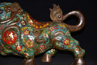 16"Tibetan Temple Collection Old Bronze Cloisonne Enamel Zodiac Ox Statue Bullfighting struggle cow Gather fortune Ornament