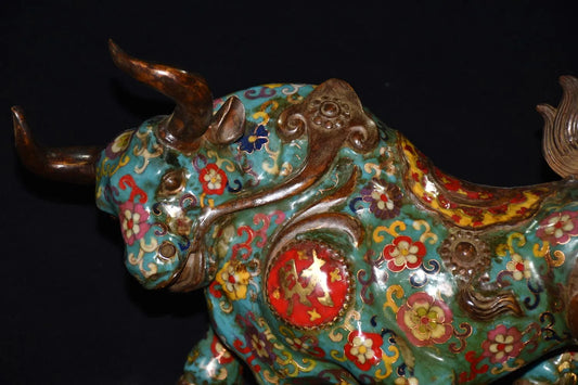 16"Tibetan Temple Collection Old Bronze Cloisonne Enamel Zodiac Ox Statue Bullfighting struggle cow Gather fortune Ornament