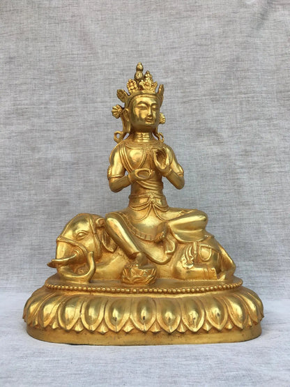 16"Tibetan Temple Collection Old Bronze Gilded Cinnabar Samantabhadra Bodhisattva Buddha Ride White elephant Worship Hall