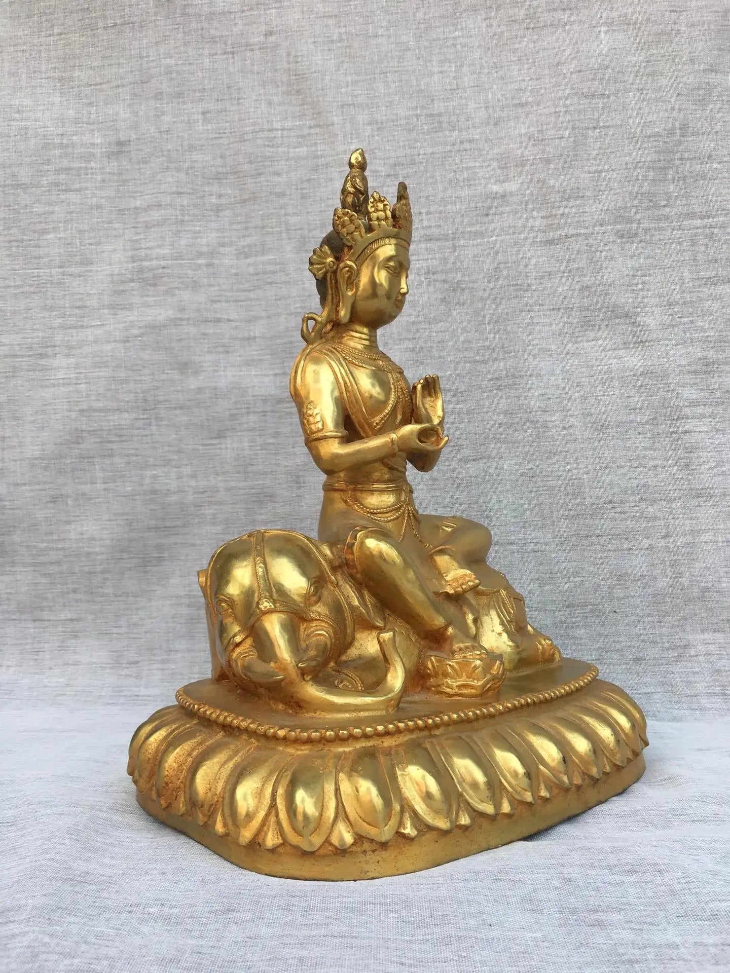 16"Tibetan Temple Collection Old Bronze Gilded Cinnabar Samantabhadra Bodhisattva Buddha Ride White elephant Worship Hall