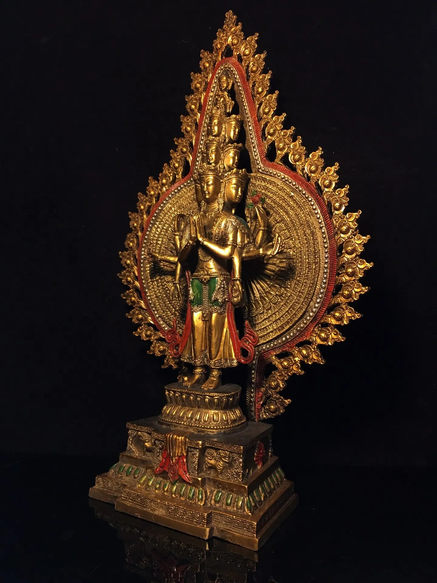 16"Tibetan Temple Collection Old Bronze Painted 1000 Arms Guanyin Bodhisattva Buddha Backlight lotus platform worship hall