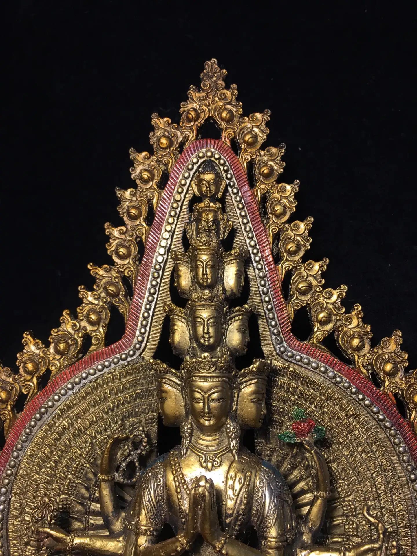 16"Tibetan Temple Collection Old Bronze Painted 1000 Arms Guanyin Bodhisattva Buddha Backlight lotus platform worship hall