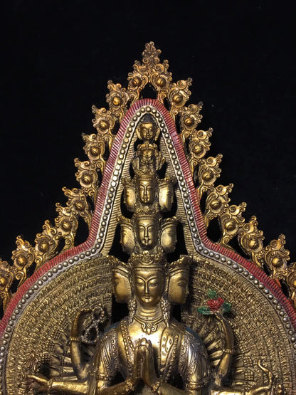 16"Tibetan Temple Collection Old Bronze Painted 1000 Arms Guanyin Bodhisattva Buddha Backlight lotus platform worship hall
