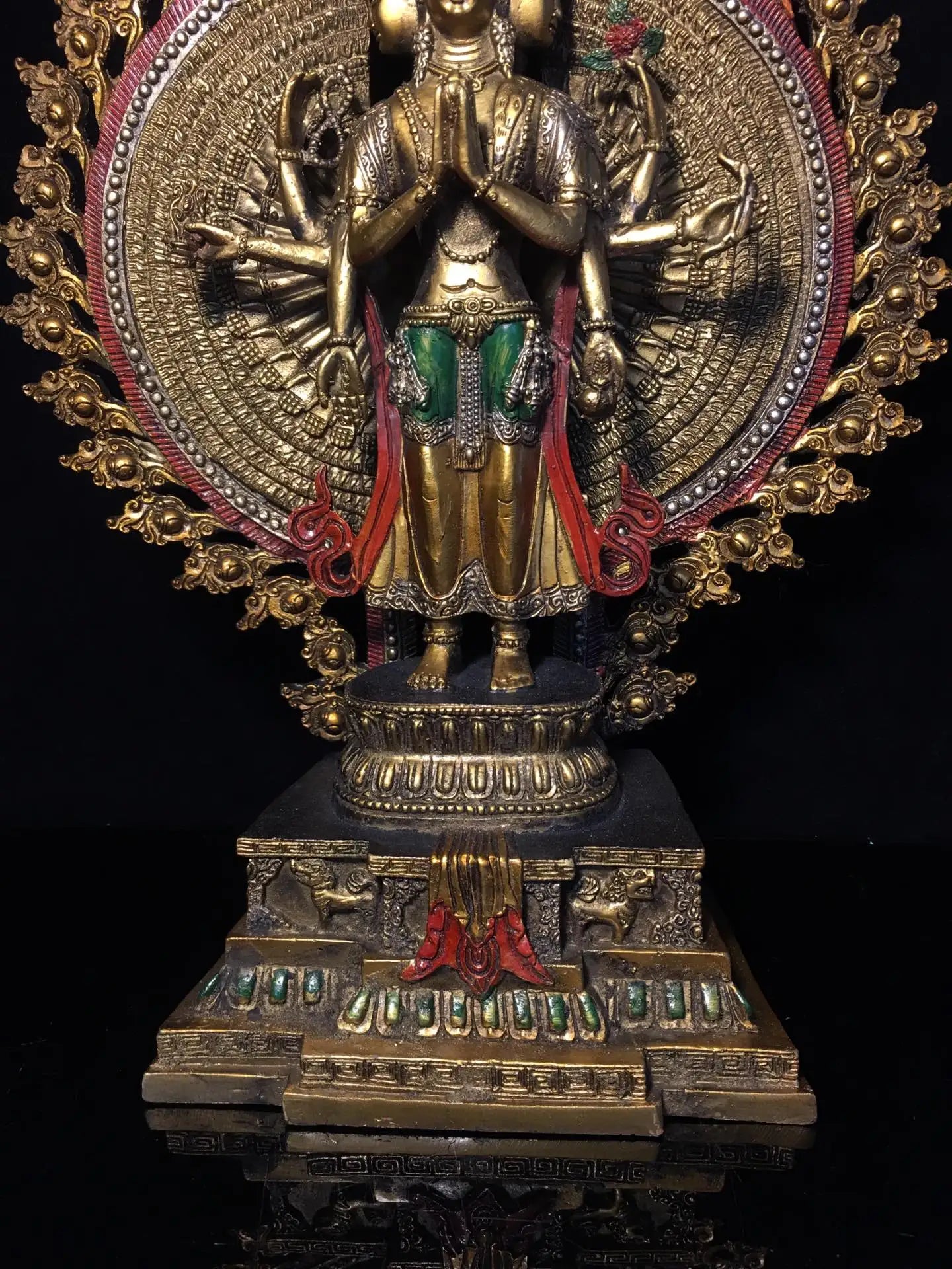 16"Tibetan Temple Collection Old Bronze Painted 1000 Arms Guanyin Bodhisattva Buddha Backlight lotus platform worship hall
