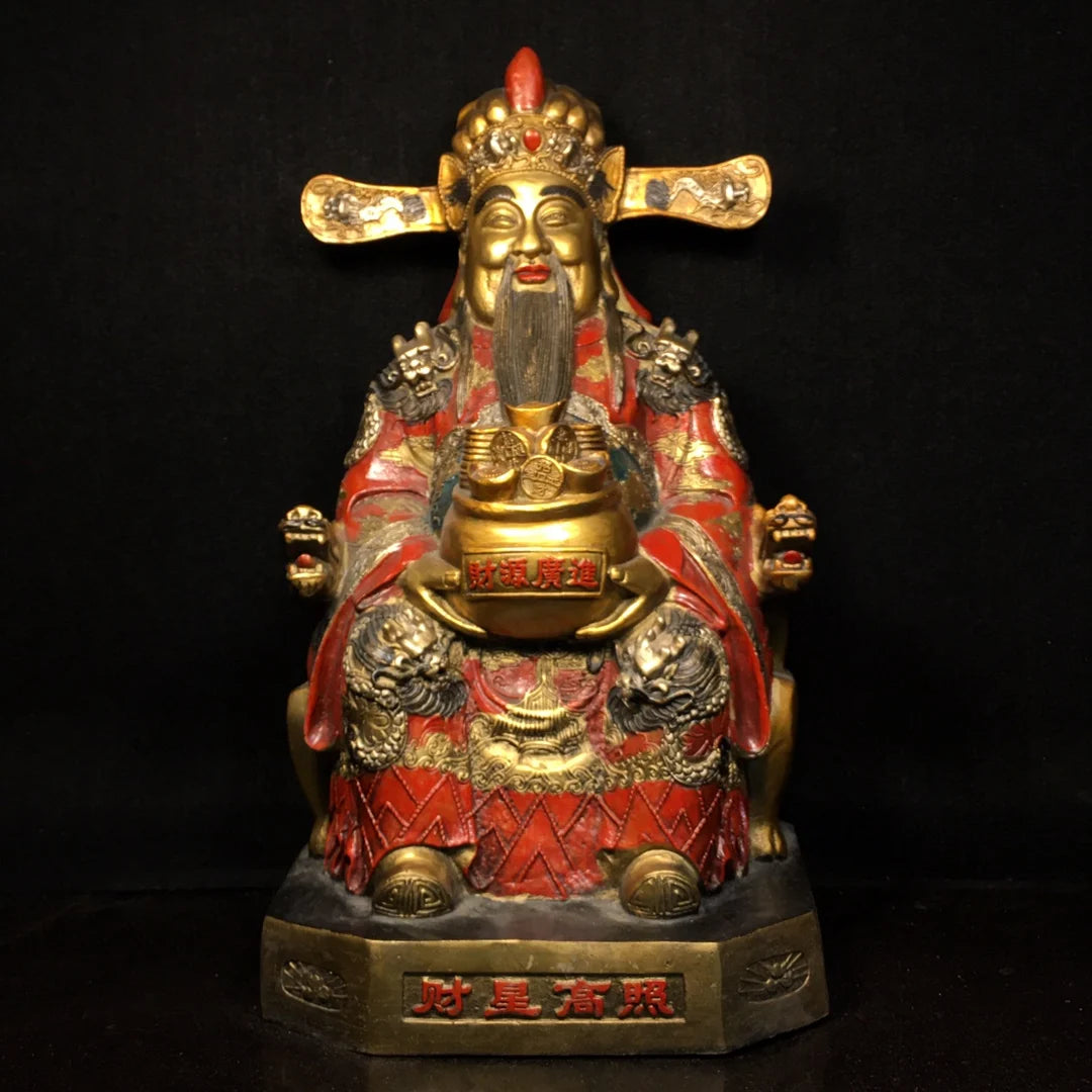 16"Tibetan Temple Collection Old Bronze Painted God of Wealth Ingots treasure bowl Yuanbao Coin Amass wealth worship hall