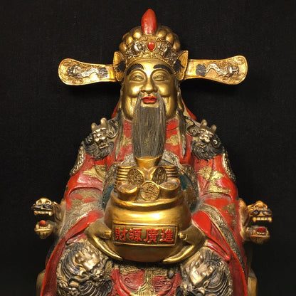 16"Tibetan Temple Collection Old Bronze Painted God of Wealth Ingots treasure bowl Yuanbao Coin Amass wealth worship hall