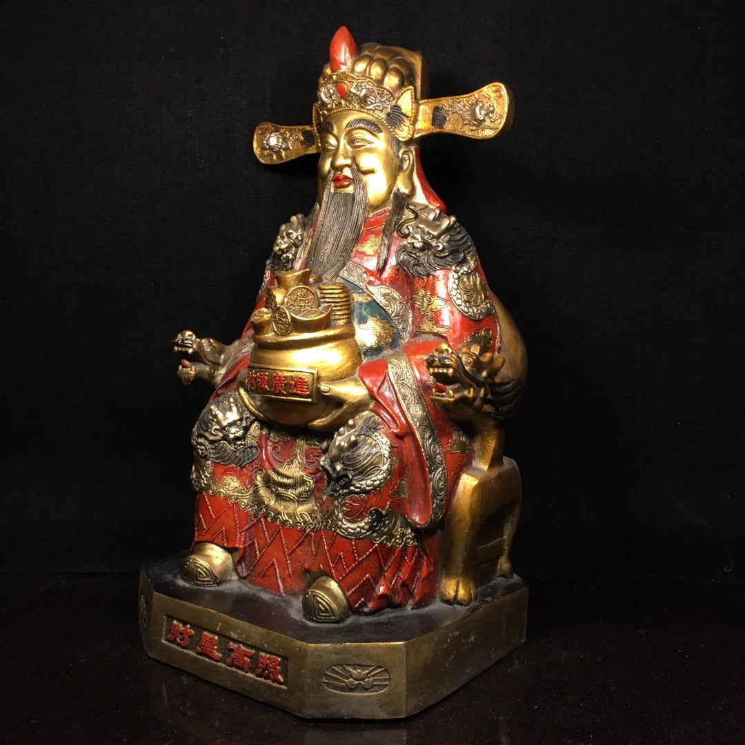 16"Tibetan Temple Collection Old Bronze Painted God of Wealth Ingots treasure bowl Yuanbao Coin Amass wealth worship hall