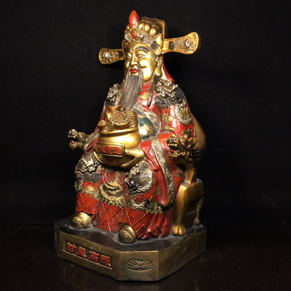 16"Tibetan Temple Collection Old Bronze Painted God of Wealth Ingots treasure bowl Yuanbao Coin Amass wealth worship hall