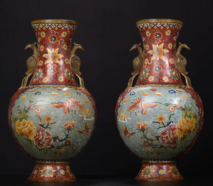 16"Tibetan Temple Collection Old Purple Bronze Cloisonne Phoenix ear Peony flower Appreciation Bottle Vase A pair Town House