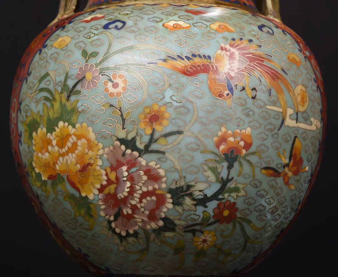 16"Tibetan Temple Collection Old Purple Bronze Cloisonne Phoenix ear Peony flower Appreciation Bottle Vase A pair Town House
