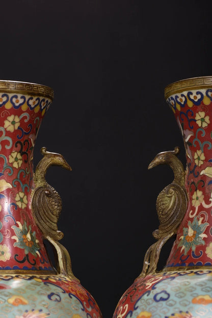 16"Tibetan Temple Collection Old Purple Bronze Cloisonne Phoenix ear Peony flower Appreciation Bottle Vase A pair Town House