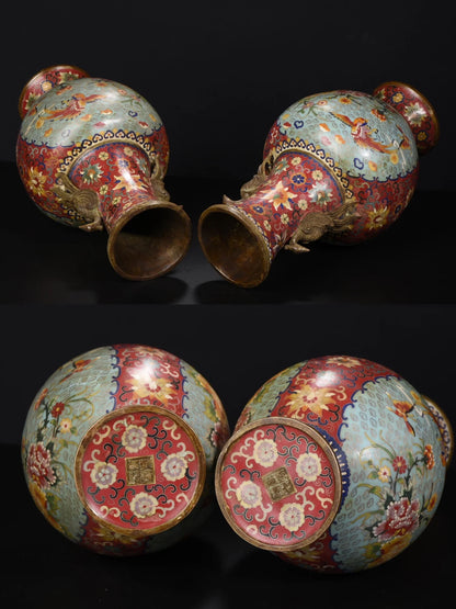 16"Tibetan Temple Collection Old Purple Bronze Cloisonne Phoenix ear Peony flower Appreciation Bottle Vase A pair Town House