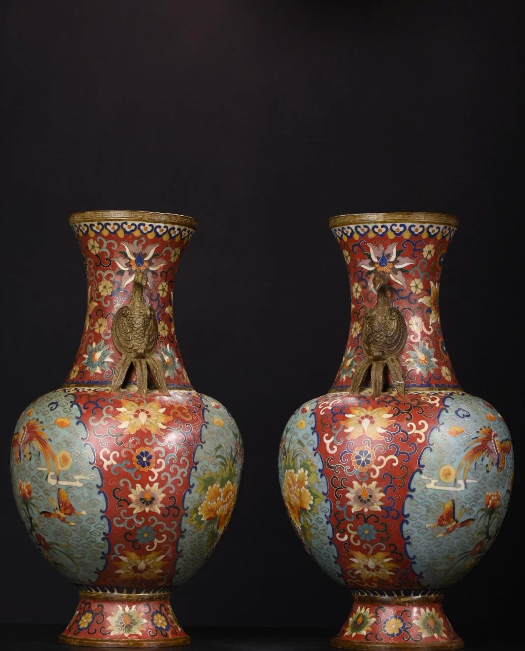 16"Tibetan Temple Collection Old Purple Bronze Cloisonne Phoenix ear Peony flower Appreciation Bottle Vase A pair Town House