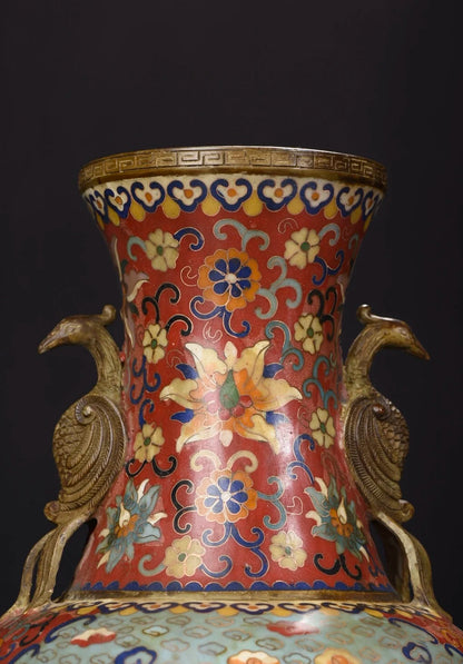 16"Tibetan Temple Collection Old Purple Bronze Cloisonne Phoenix ear Peony flower Appreciation Bottle Vase A pair Town House