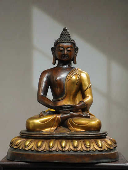 16"Tibetan Temple Collection Old Purple Bronze Gilding Da Ri Tathagata Buddha Amitabha Double Lotus Platform Worship Hall