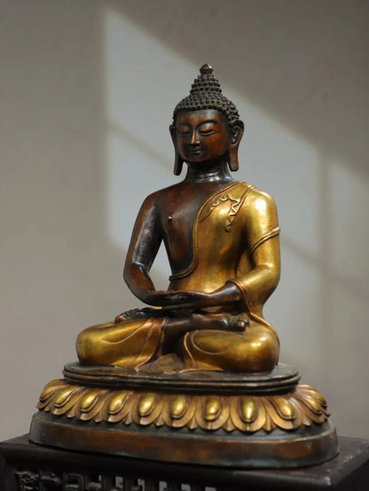 16"Tibetan Temple Collection Old Purple Bronze Gilding Da Ri Tathagata Buddha Amitabha Double Lotus Platform Worship Hall