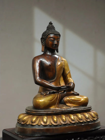 16"Tibetan Temple Collection Old Purple Bronze Gilding Da Ri Tathagata Buddha Amitabha Double Lotus Platform Worship Hall