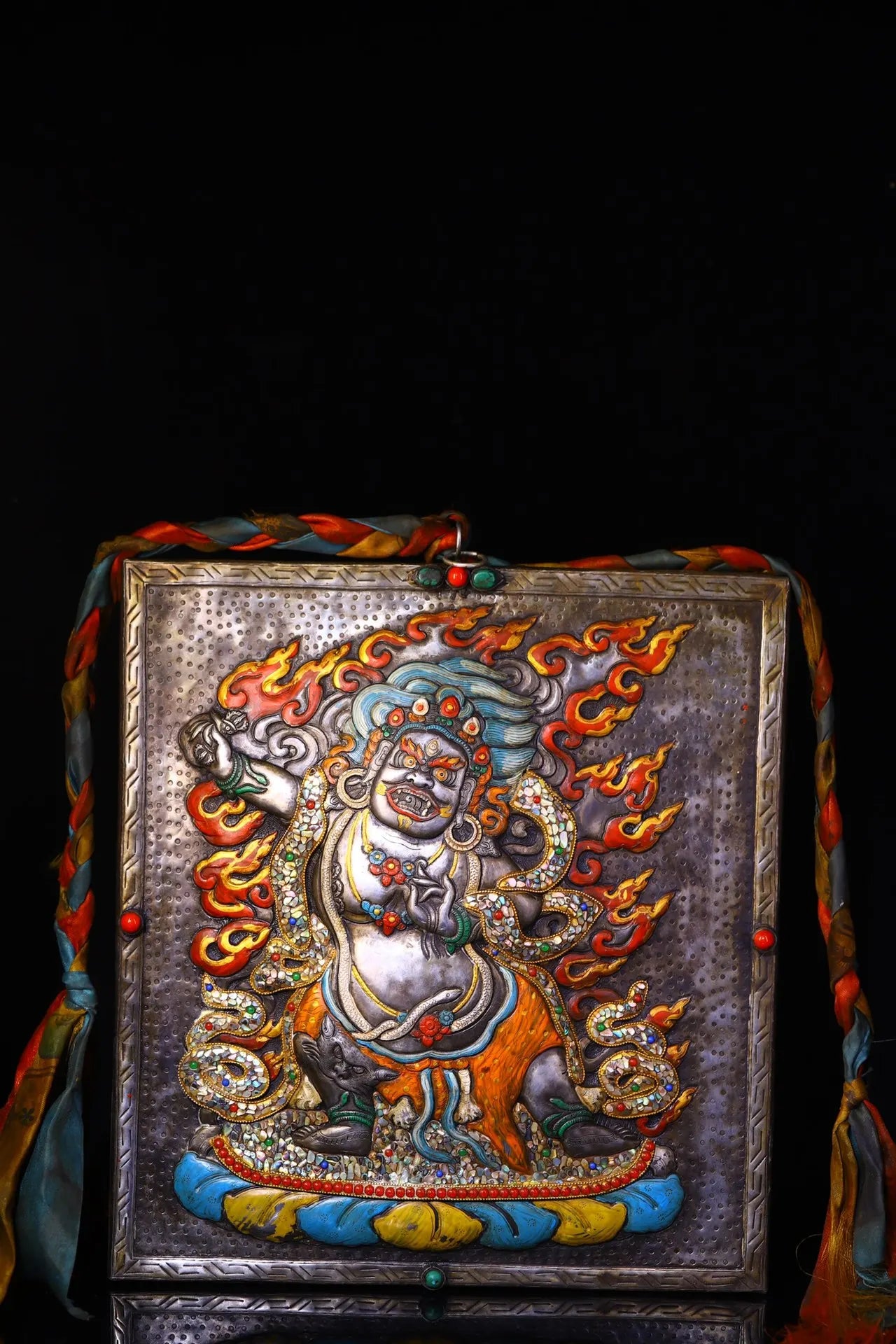 16"Tibetan Temple Collection Old Tiantie Painted Mosaic Gem Shell Eight Treasures Vajrapani Bodhisattva Buddha Thangka Mandala