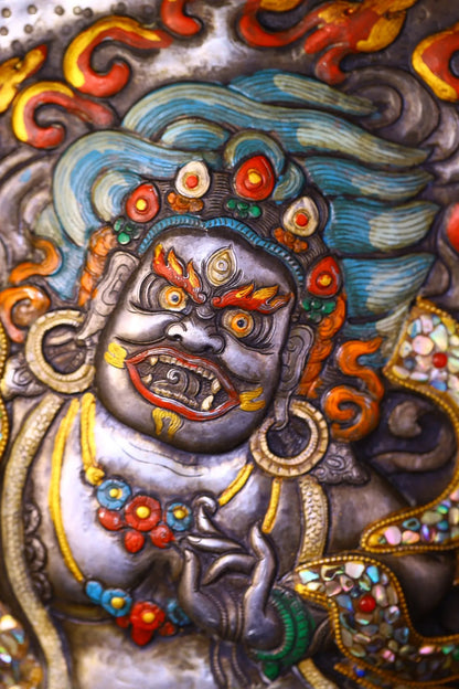 16"Tibetan Temple Collection Old Tiantie Painted Mosaic Gem Shell Eight Treasures Vajrapani Bodhisattva Buddha Thangka Mandala
