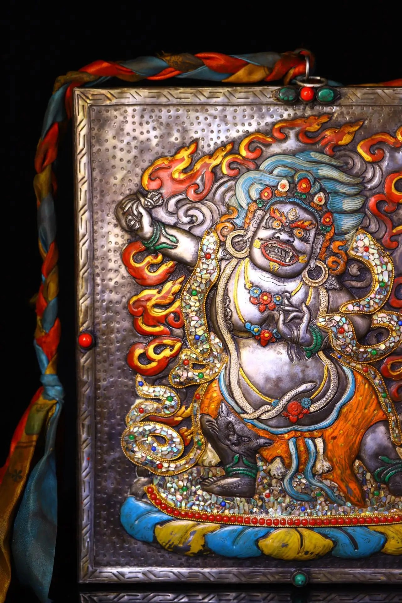 16"Tibetan Temple Collection Old Tiantie Painted Mosaic Gem Shell Eight Treasures Vajrapani Bodhisattva Buddha Thangka Mandala