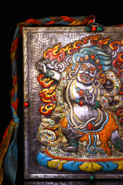 16"Tibetan Temple Collection Old Tiantie Painted Mosaic Gem Shell Eight Treasures Vajrapani Bodhisattva Buddha Thangka Mandala