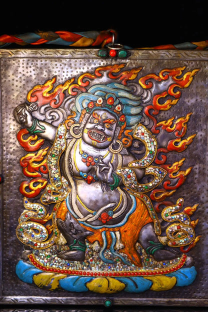 16"Tibetan Temple Collection Old Tiantie Painted Mosaic Gem Shell Eight Treasures Vajrapani Bodhisattva Buddha Thangka Mandala