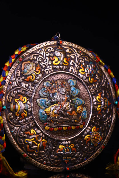 16"Tibetan Temple Collection Old Tiantie Painted Mosaic Gem Vaisravana Buddha Eight Treasure Pattern Thangka  Worship Hall