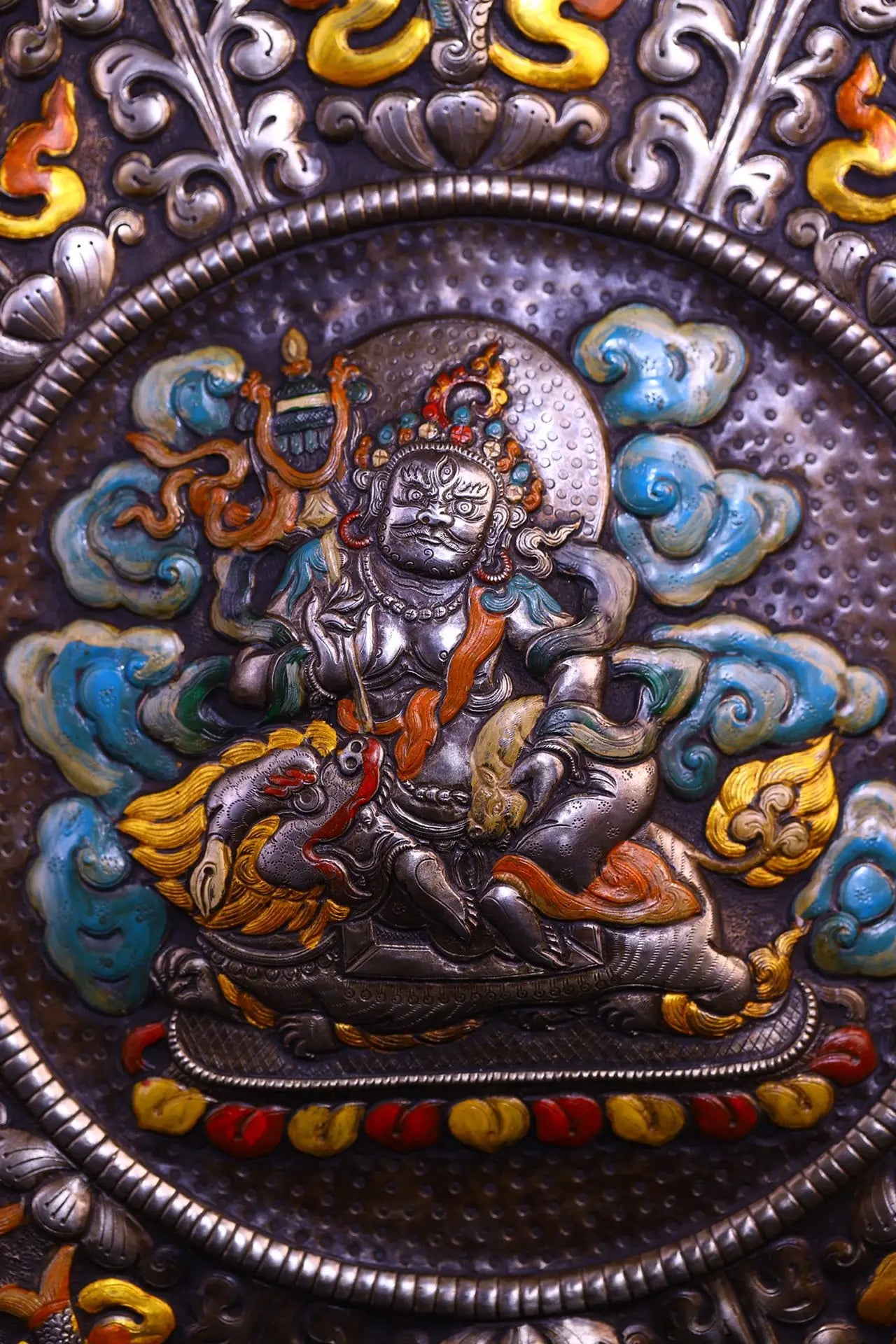 16"Tibetan Temple Collection Old Tiantie Painted Mosaic Gem Vaisravana Buddha Eight Treasure Pattern Thangka  Worship Hall