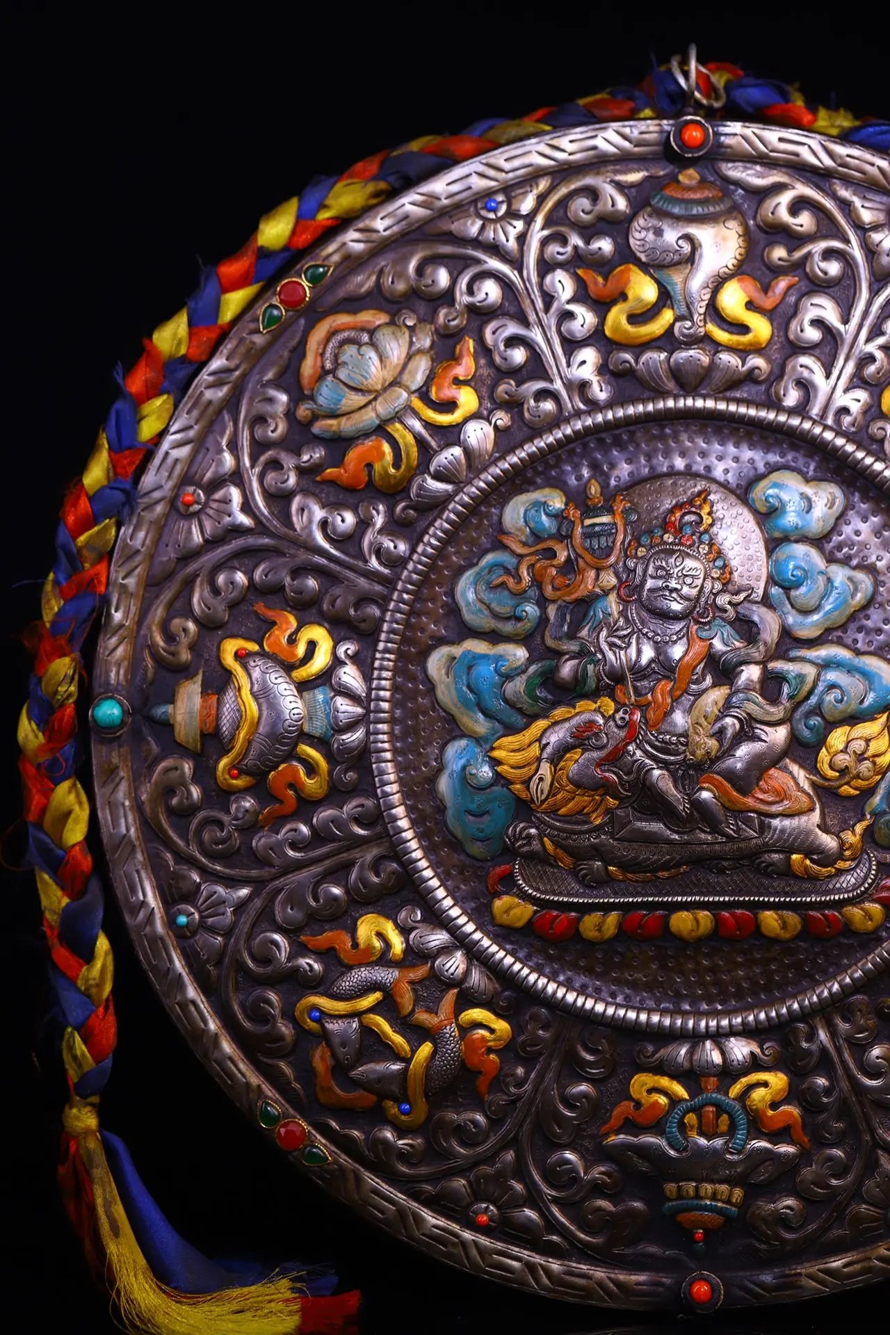 16"Tibetan Temple Collection Old Tiantie Painted Mosaic Gem Vaisravana Buddha Eight Treasure Pattern Thangka  Worship Hall