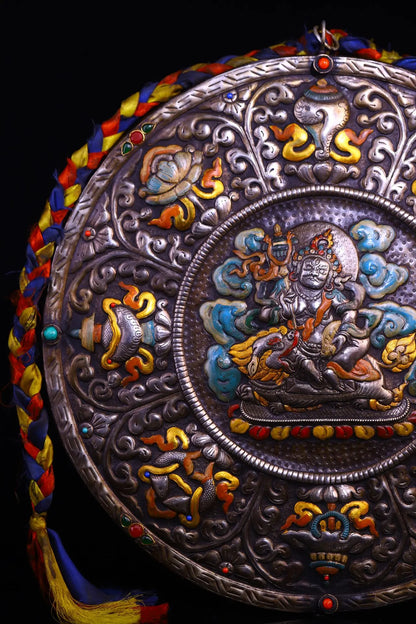 16"Tibetan Temple Collection Old Tiantie Painted Mosaic Gem Vaisravana Buddha Eight Treasure Pattern Thangka  Worship Hall