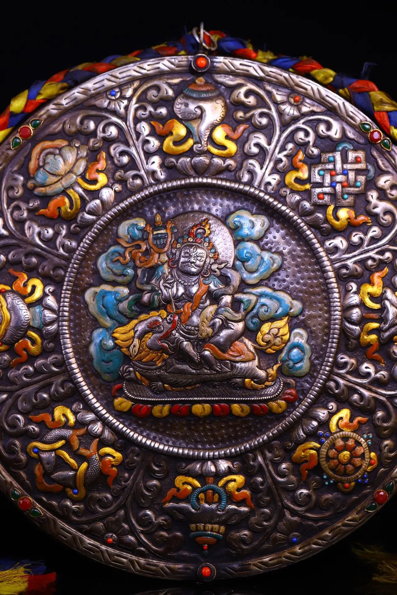 16"Tibetan Temple Collection Old Tiantie Painted Mosaic Gem Vaisravana Buddha Eight Treasure Pattern Thangka  Worship Hall