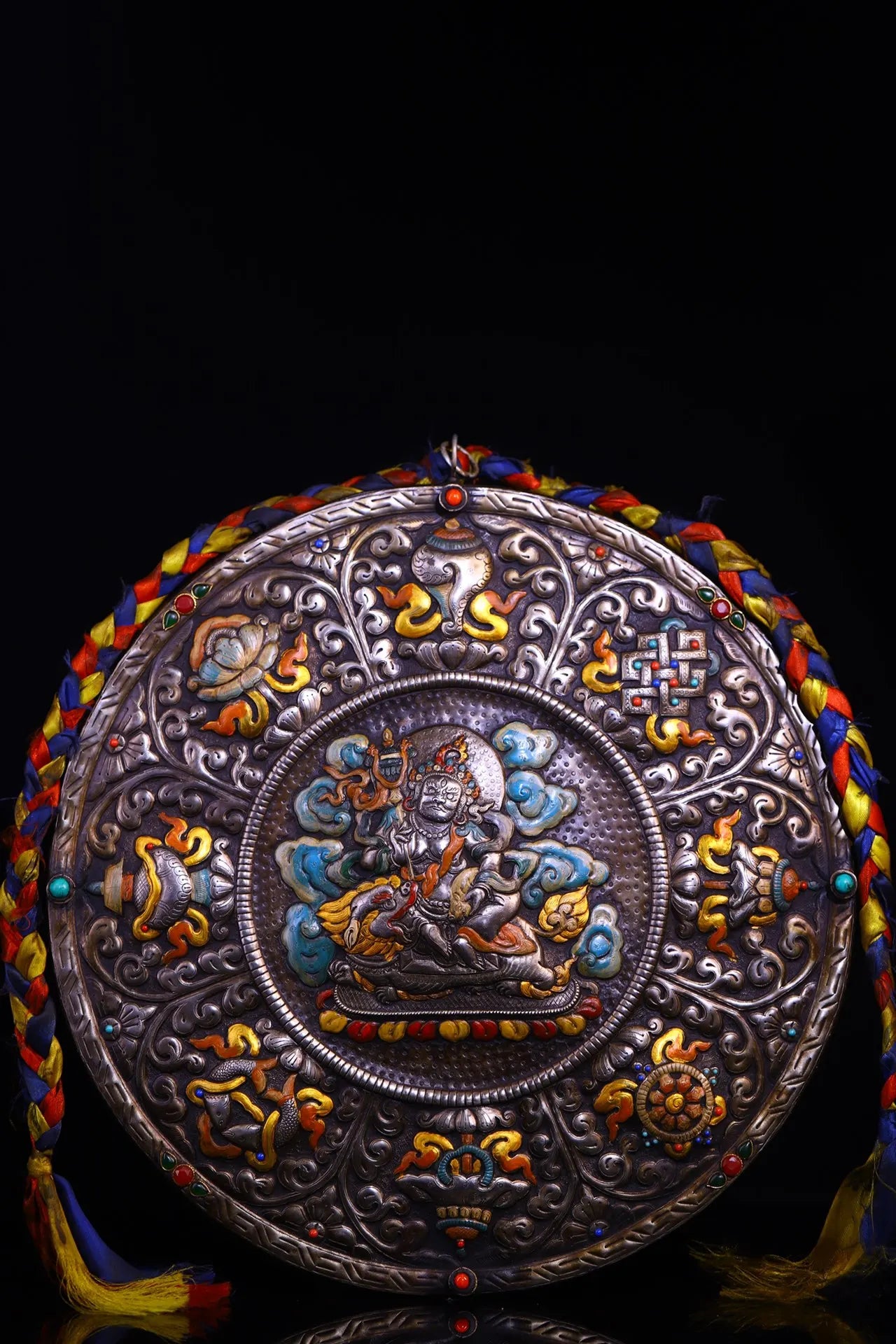 16"Tibetan Temple Collection Old Tiantie Painted Mosaic Gem Vaisravana Buddha Eight Treasure Pattern Thangka  Worship Hall