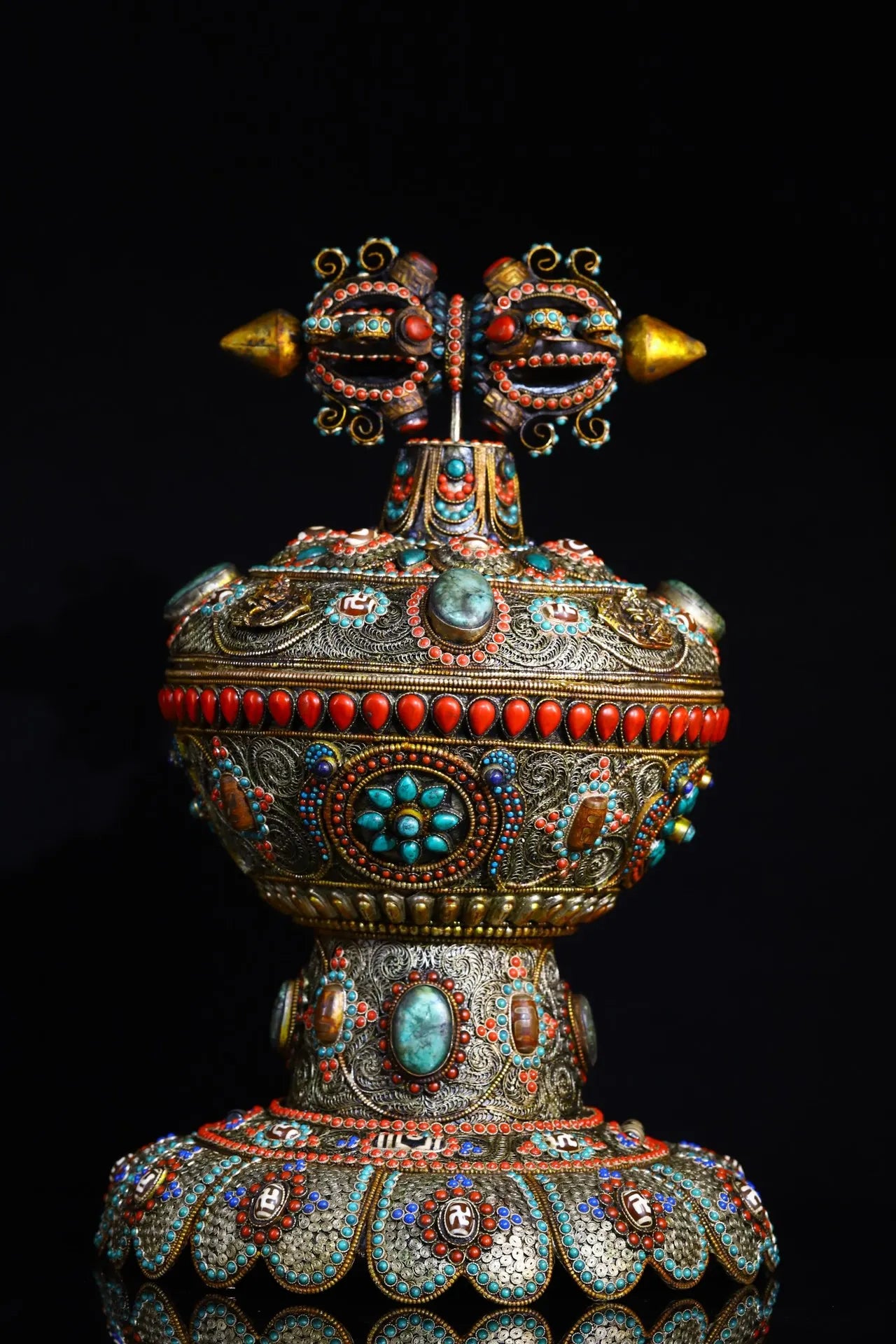 16"Tibetan Temple Collection Old Tibetan silver Mosaic Gem gZi Beads Dorje Vajra Phurpa Treasure pot Buddha jar Dharma Amulet
