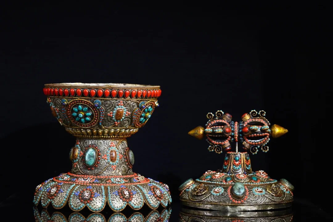 16"Tibetan Temple Collection Old Tibetan silver Mosaic Gem gZi Beads Dorje Vajra Phurpa Treasure pot Buddha jar Dharma Amulet